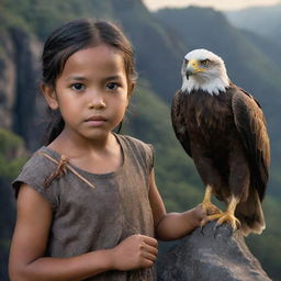 A cute 6-year-old Indonesian girl holding a bow in her right hand with a sharp-eyed eagle perched on her left, standing on a cliff, realistic skin texture, hyper-realistic details, 85mm portrait photography, with hard edge lighting