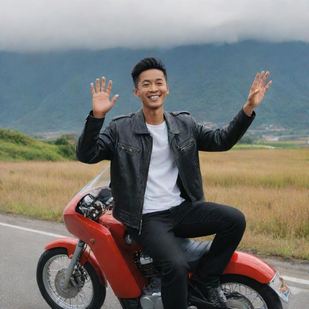 An Indonesian young man joyfully waving and smiling, seated on a red Harley motorcycle, wearing a black jacket and Levis pants, against the backdrop of a beautiful mountain and white clouds