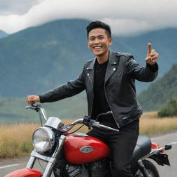 An Indonesian young man joyfully waving and smiling, seated on a red Harley motorcycle, wearing a black jacket and Levis pants, against the backdrop of a beautiful mountain and white clouds