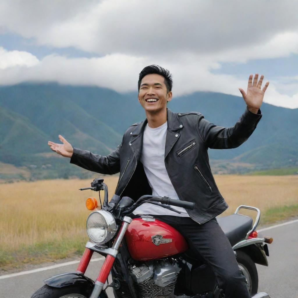 An Indonesian young man joyfully waving and smiling, seated on a red Harley motorcycle, wearing a black jacket and Levis pants, against the backdrop of a beautiful mountain and white clouds