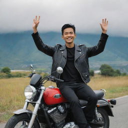 An Indonesian young man joyfully waving and smiling, seated on a red Harley motorcycle, wearing a black jacket and Levis pants, against the backdrop of a beautiful mountain and white clouds