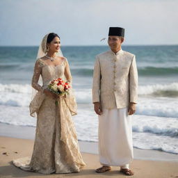 A Sundanese traditional wedding couple standing near a beach, in the cool morning light, with birds, a boat and crashing waves in the background