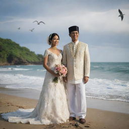 A Sundanese traditional wedding couple standing near a beach, in the cool morning light, with birds, a boat and crashing waves in the background