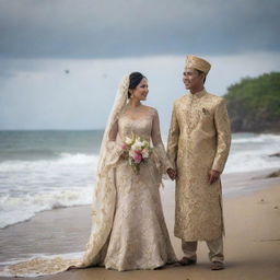 A Sundanese traditional wedding couple standing near a beach, in the cool morning light, with birds, a boat and crashing waves in the background