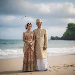 A Sundanese traditional wedding couple standing near a beach, in the cool morning light, with birds, a boat and crashing waves in the background