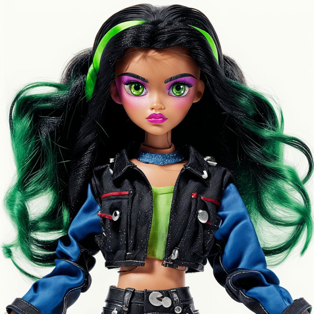 HD editorial photo featuring Bratz doll Jade in her signature outfit against a stark white background.