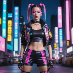 A confident cyberpunk girl in a full body shot, wearing Harajuku pop-inspired outfit with bold colors and patterns, with intricate accessories and a ponytail hairstyle, flaunting bright makeup