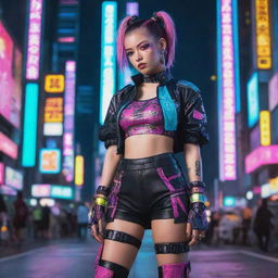 A confident cyberpunk girl in a full body shot, wearing Harajuku pop-inspired outfit with bold colors and patterns, with intricate accessories and a ponytail hairstyle, flaunting bright makeup