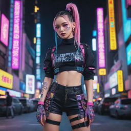 A confident cyberpunk girl in a full body shot, wearing Harajuku pop-inspired outfit with bold colors and patterns, with intricate accessories and a ponytail hairstyle, flaunting bright makeup