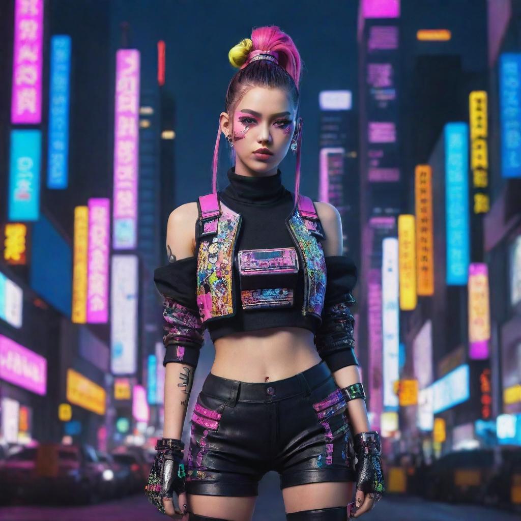 A confident cyberpunk girl in a full body shot, wearing Harajuku pop-inspired outfit with bold colors and patterns, with intricate accessories and a ponytail hairstyle, flaunting bright makeup