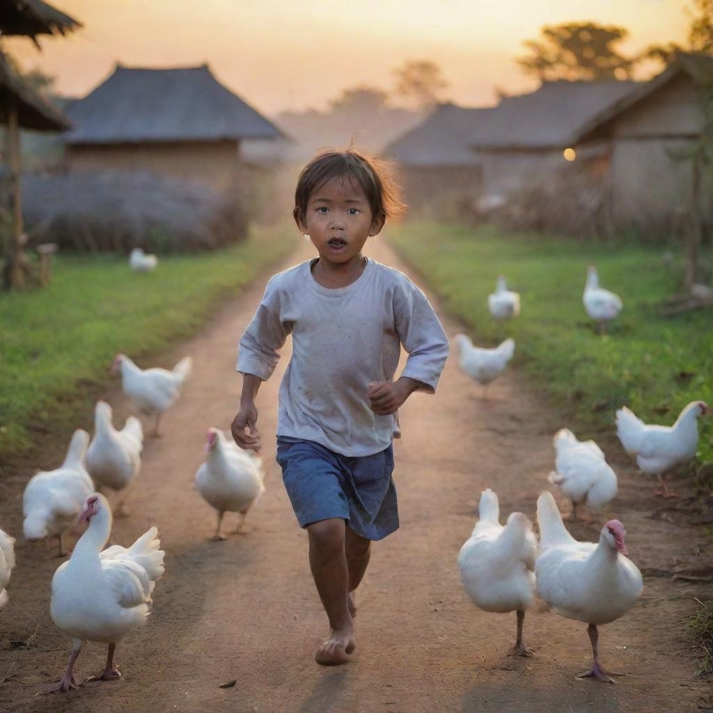 A round Indonesian child fearfully running chased by chickens and geese, in a tightly packed village setting during dusk.