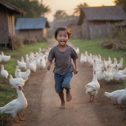 A round Indonesian child fearfully running chased by chickens and geese, in a tightly packed village setting during dusk.