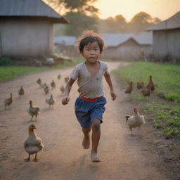 A round Indonesian child fearfully running chased by chickens and geese, in a tightly packed village setting during dusk.