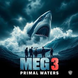 A striking teaser poster for 'MEG 3: Primal Waters - 2025', showcasing a gigantic prehistoric shark, the Megalodon, breaking through the ocean surface, creating towering waves