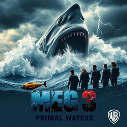 A striking teaser poster for 'MEG 3: Primal Waters - 2025', showcasing a gigantic prehistoric shark, the Megalodon, breaking through the ocean surface, creating towering waves