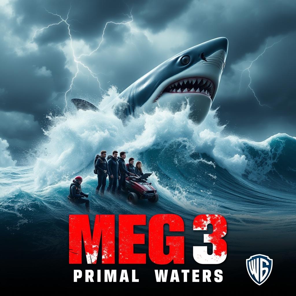 A striking teaser poster for 'MEG 3: Primal Waters - 2025', showcasing a gigantic prehistoric shark, the Megalodon, breaking through the ocean surface, creating towering waves