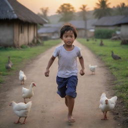 A round Indonesian child fearfully running chased by chickens and geese, in a tightly packed village setting during dusk.