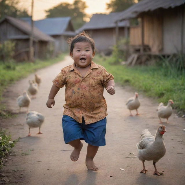 A chubby Indonesian child with a cute face fearfully running chased by chickens and geese, in a densely packed village setting during dusk