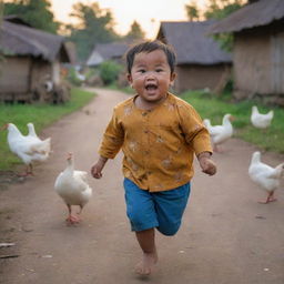 A chubby Indonesian child with a cute face fearfully running chased by chickens and geese, in a densely packed village setting during dusk