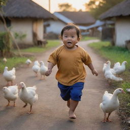 A chubby Indonesian child with a cute face fearfully running chased by chickens and geese, in a densely packed village setting during dusk