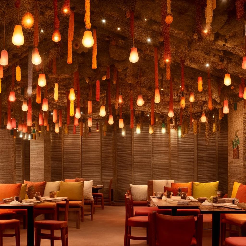 A restaurant designed in a traditional Indian Dhaba style with colorful, rustic furnishings, clay pots, and warm lantern lights draped overhead.