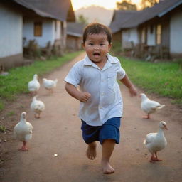 A chubby Indonesian child with a cute face fearfully running chased by chickens and geese, in a densely packed village setting during dusk