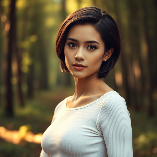 A photorealistic, slightly sensual portrait of a young woman with short, dark brown hair standing in a lush, softly lit forest