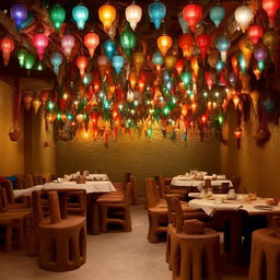 A restaurant designed in a traditional Indian Dhaba style with colorful, rustic furnishings, clay pots, and warm lantern lights draped overhead.