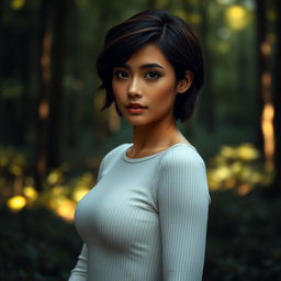 A photorealistic, slightly sensual portrait of a young woman with short, dark brown hair standing in a lush, softly lit forest