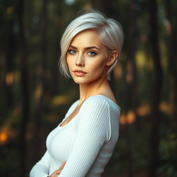 A photorealistic, slightly sensual portrait of a young woman with short, white hair standing in a lush, softly lit forest
