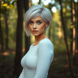 A photorealistic, slightly sensual portrait of a young woman with short, white hair standing in a lush, softly lit forest