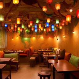 A restaurant designed in a traditional Indian Dhaba style with colorful, rustic furnishings, clay pots, and warm lantern lights draped overhead.