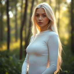A photorealistic, sensual portrait of a young woman with long, white hair standing in a lush, softly lit forest