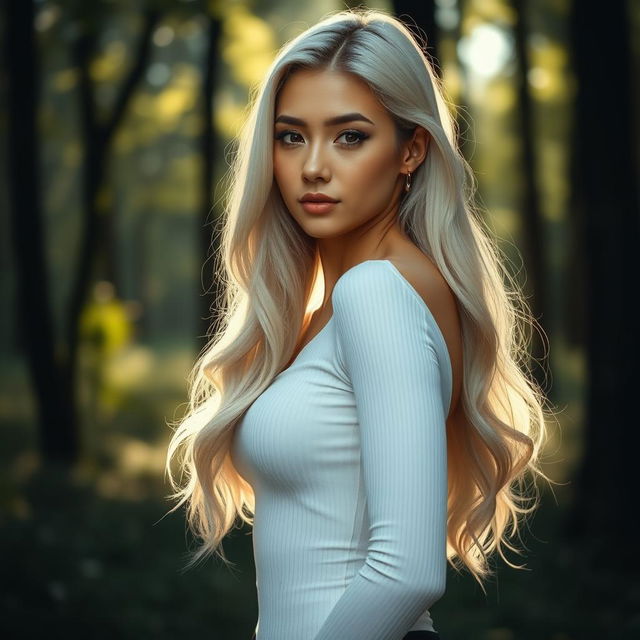 A photorealistic, sensual portrait of a young woman with long, white hair standing in a lush, softly lit forest