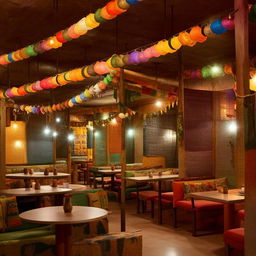 A restaurant designed in a traditional Indian Dhaba style with colorful, rustic furnishings, clay pots, and warm lantern lights draped overhead.