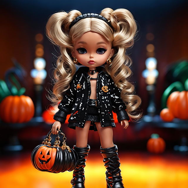 Digital art of a Bratz doll in a detailed 32k Halloween outfit, captured with a 200mm lens perspective.