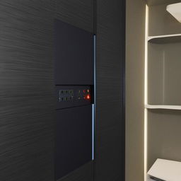 A detailed media wall with a designed panel or door that cleverly hides a main switch board within it.