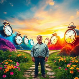 A vibrant and dynamic scene depicting the concept of time as a transformative force in life