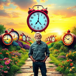A vibrant and dynamic scene depicting the concept of time as a transformative force in life