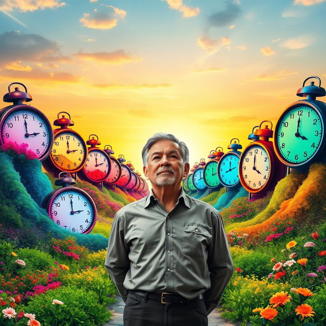 A vibrant and dynamic scene depicting the concept of time as a transformative force in life