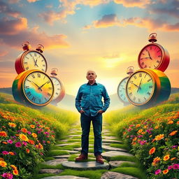 A vibrant and dynamic scene depicting the concept of time as a transformative force in life