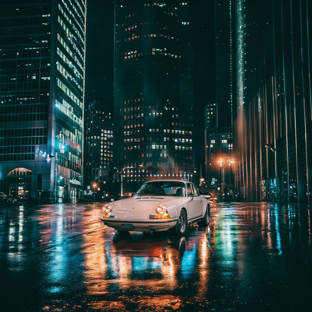 A vintage Porsche 911 in a rainy cityscape at night