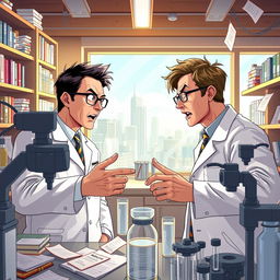 A dynamic and engaging illustration of Shinya Yamanaka and James Thomson in a laboratory setting, passionately arguing over stem cell research