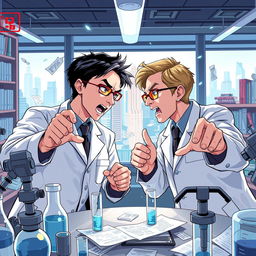 A dynamic and engaging illustration of Shinya Yamanaka and James Thomson in a laboratory setting, passionately arguing over stem cell research