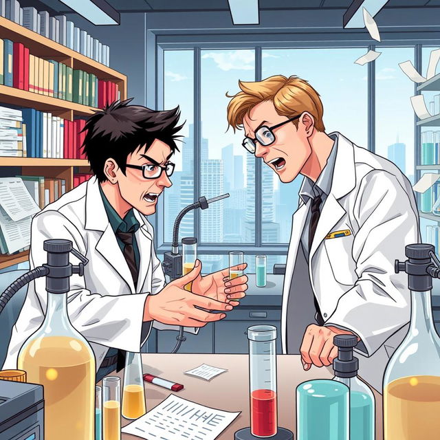 A dynamic and engaging illustration of Shinya Yamanaka and James Thomson in a laboratory setting, passionately arguing over stem cell research