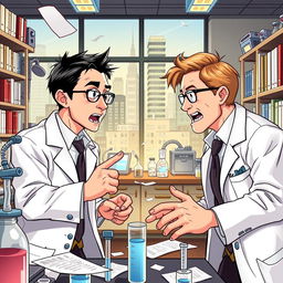 A dynamic and engaging illustration of Shinya Yamanaka and James Thomson in a laboratory setting, passionately arguing over stem cell research