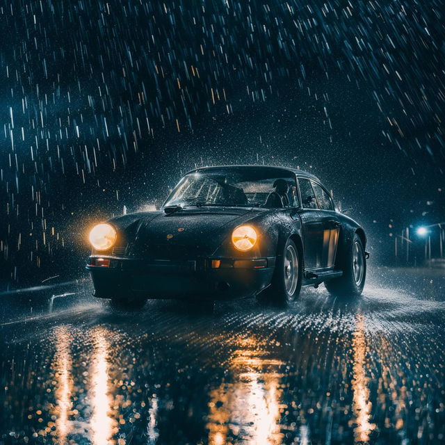 A vintage Porsche speeding through pouring rain