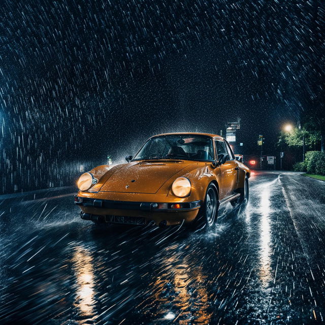 A vintage Porsche speeding through pouring rain at high speed. The image is captured in 32k resolution with a 200mm lens.