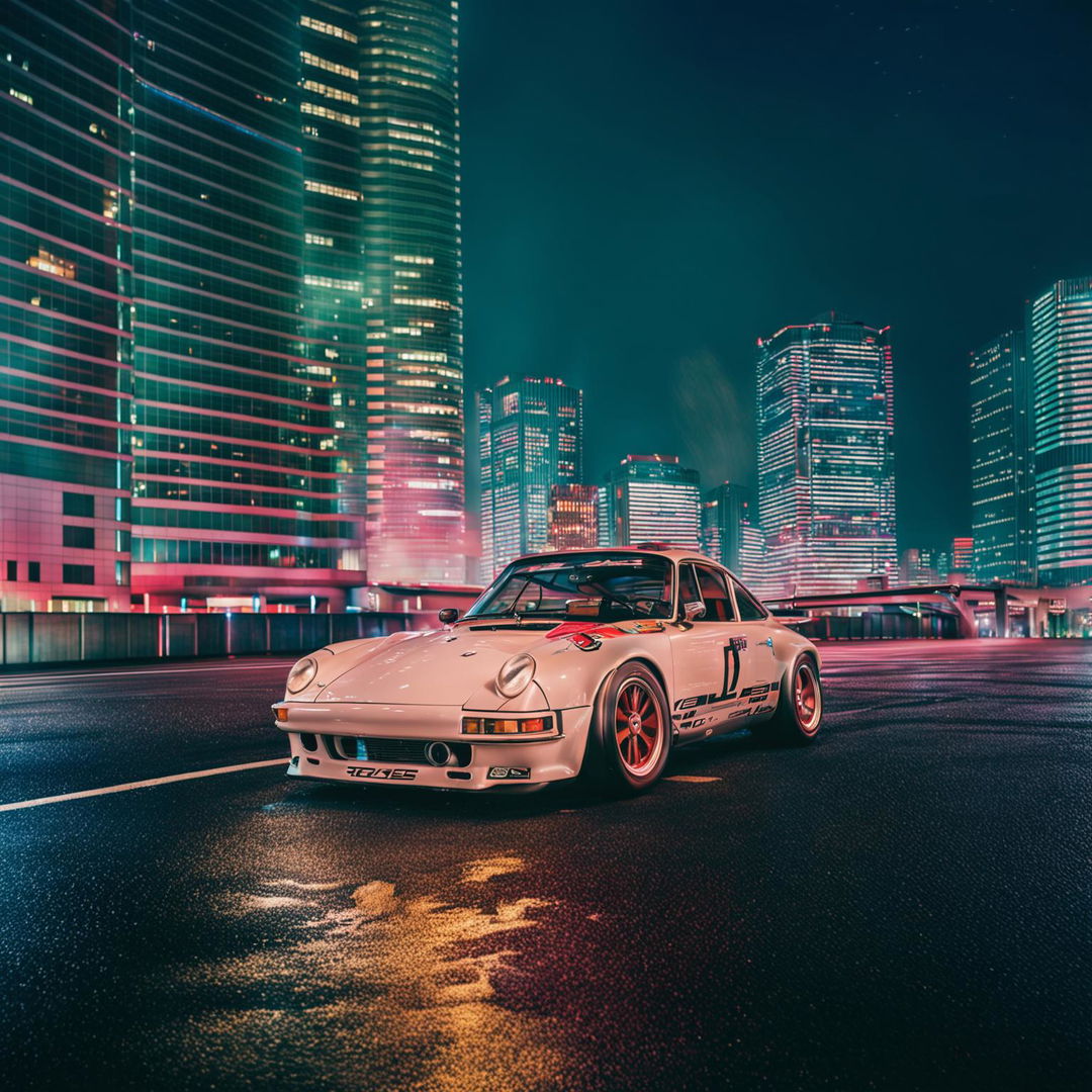 A vintage Porsche poster set in Tokyo, Japan, featuring a Tokyo Drift theme