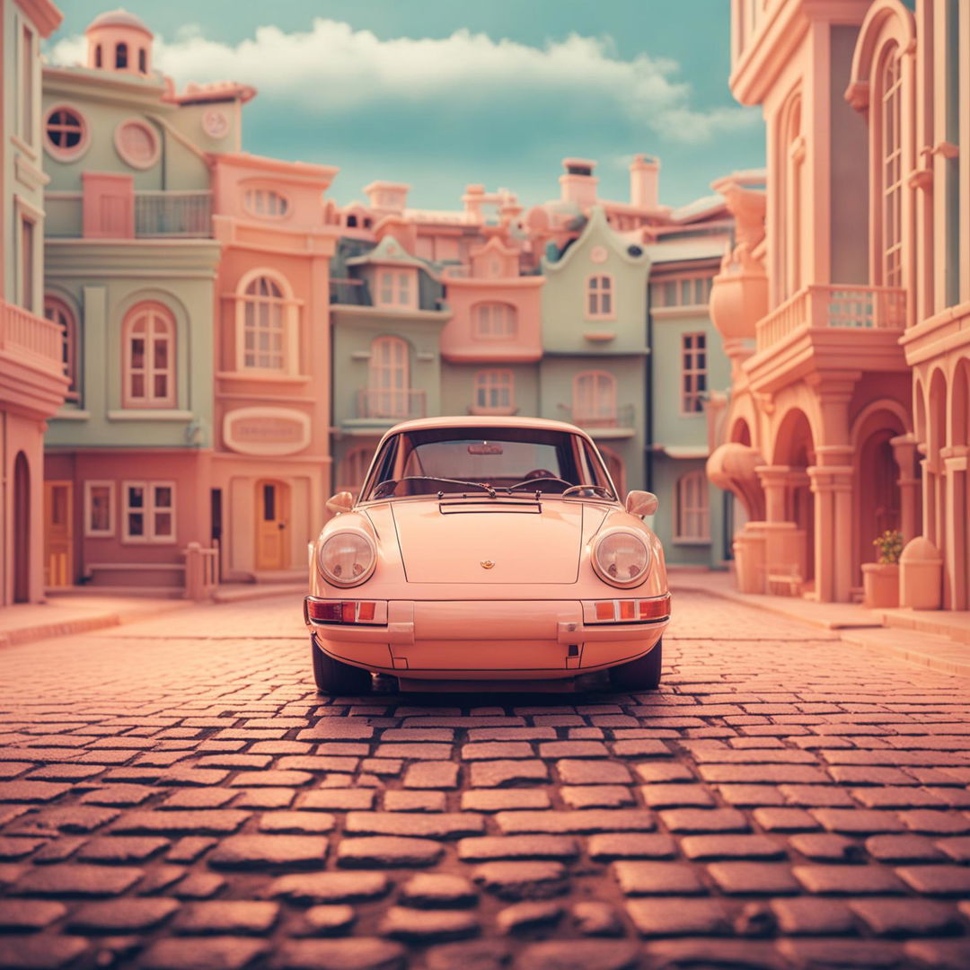 A Wes Anderson-inspired vintage Porsche poster in pastel colors